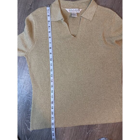 Vintage 90s John Paul Richard Gold Metallic Collared Pullover Silk Blend Top - Picture 8 of 9
